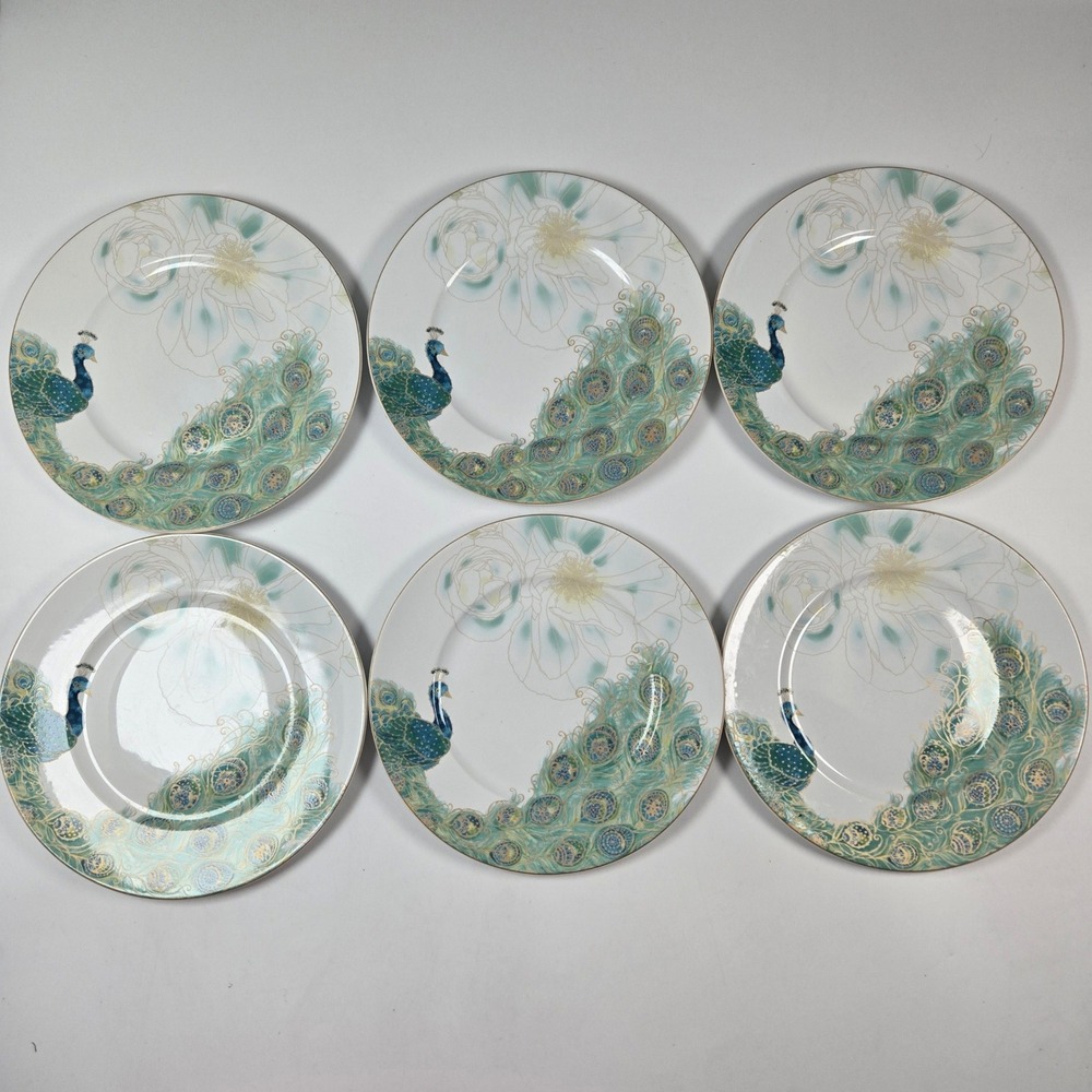 222 Fifth Lakshmi Dinner Plates Set of 6 White Teal Gold Peacock Fine China 11in